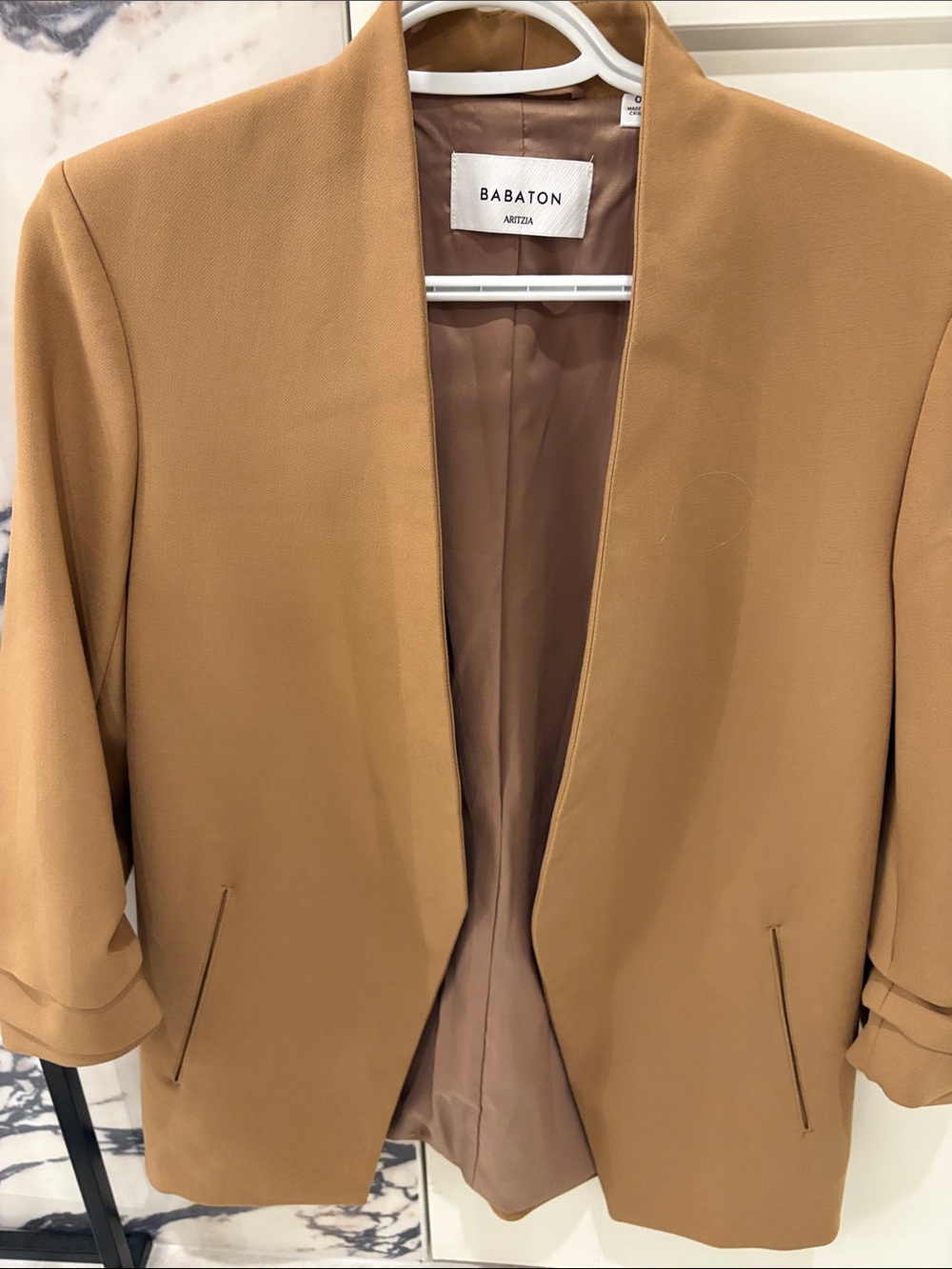 Babaton Tan Open-Front Collarless Blazer Jacket